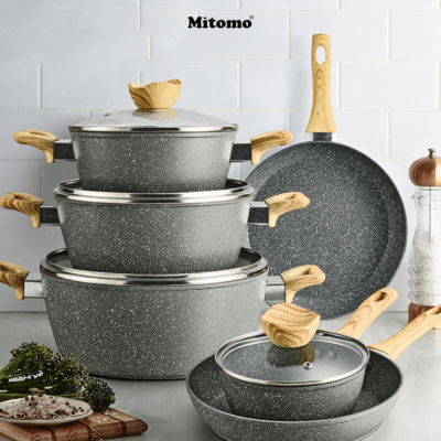 Bộ nồi chảo vân đá 6 món chống dính cao cấp Mitomo Queen Time